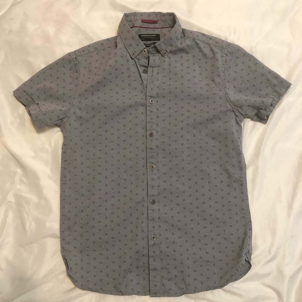 Denim and flower slim fit shirt